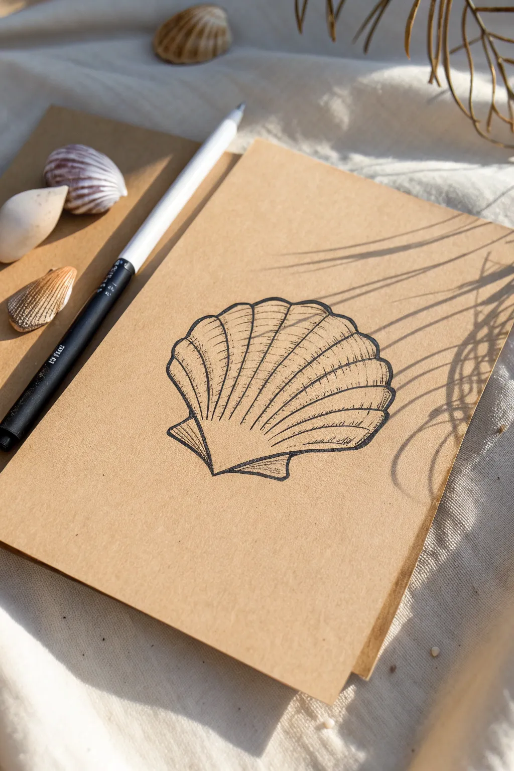 Minimal oyster line drawing on warm toned paper, clean Scandinavian sketchbook mood.