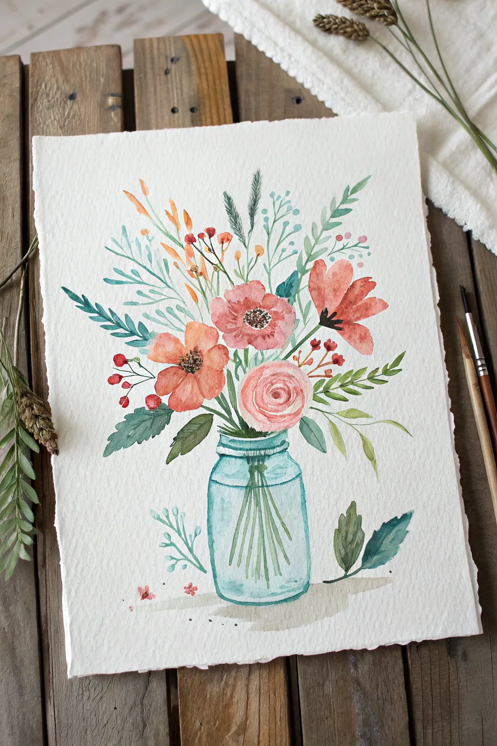 Loose brush dab bouquet in a mason jar, bright and simple for an easy paint and sip night.
