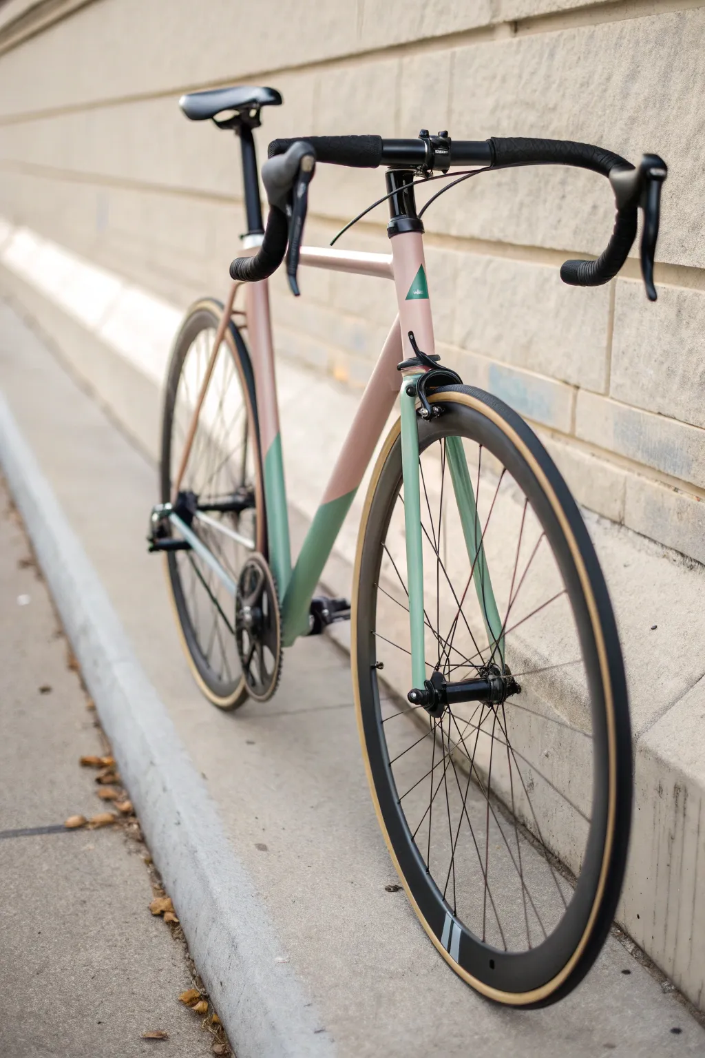 Two-tone split frame in blush and sage, with a crisp mask line for modern bicycle paint ideas.