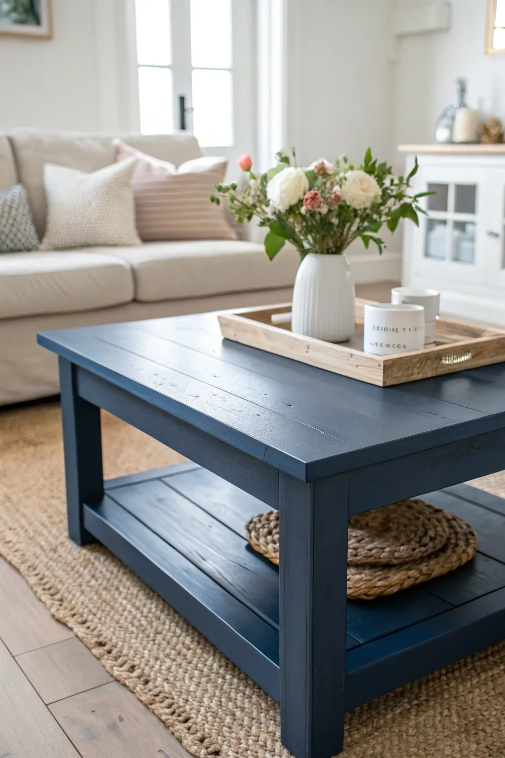Deep navy coffee table makeover that pops against a bright sofa with simple boho styling