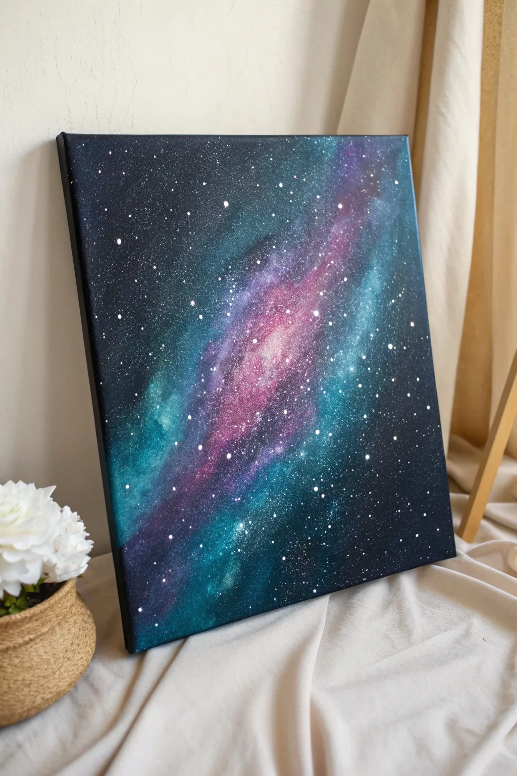 Galaxy canvas with indigo-violet nebula glow and crisp white splattered stars, clean and minimal.