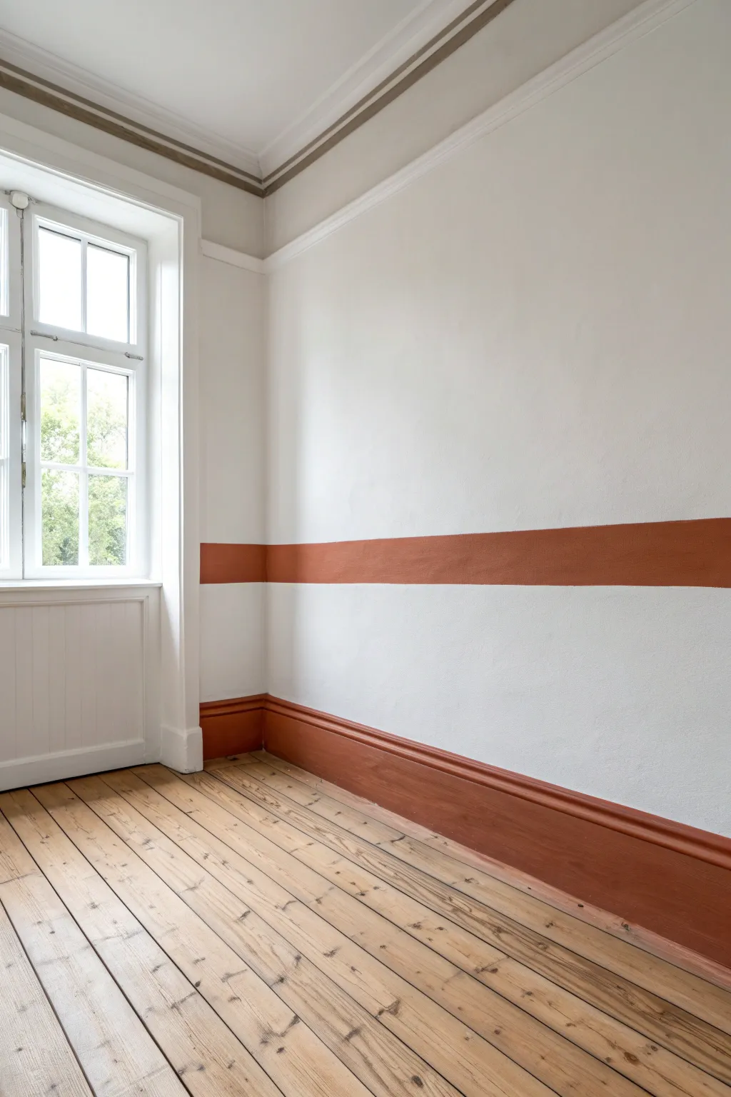 A calm running stripe wraps the room like a ribbon, adding minimalist Scandinavian character.