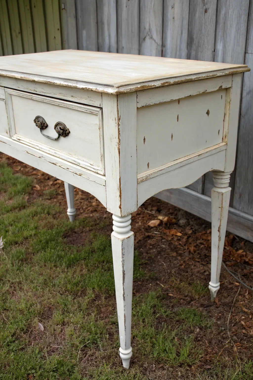 Softly painted antique vanity with gently distressed edges, revealing warm wood at touch points