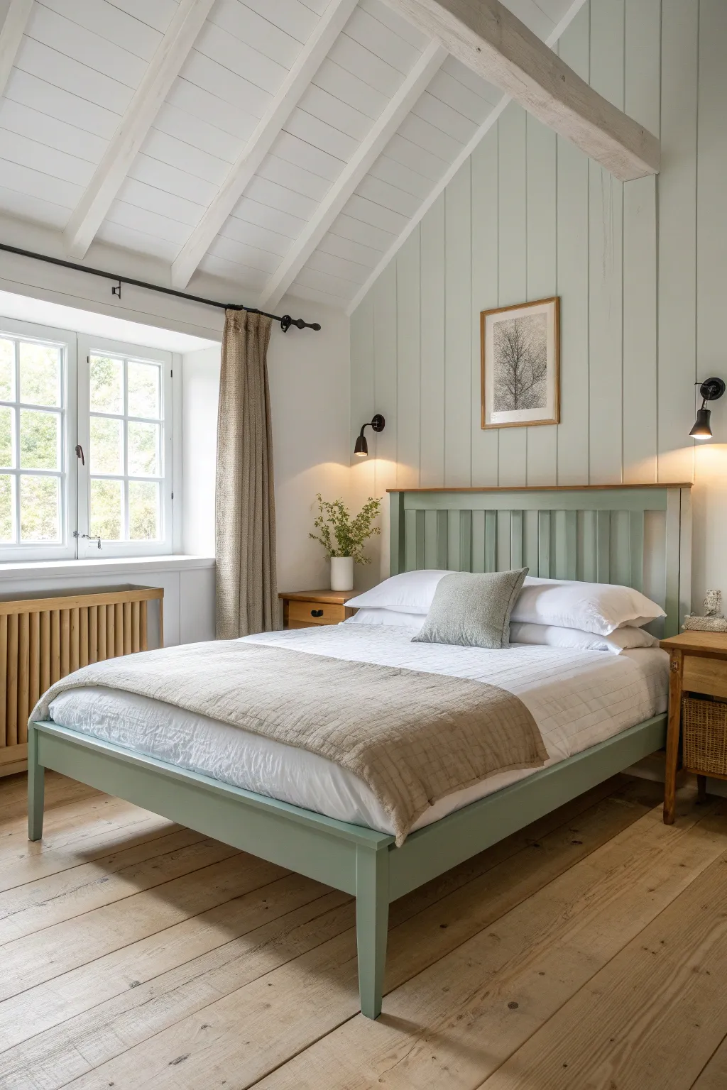 Two-tone bed frame idea: sage painted rails with a natural oak headboard for warm contrast