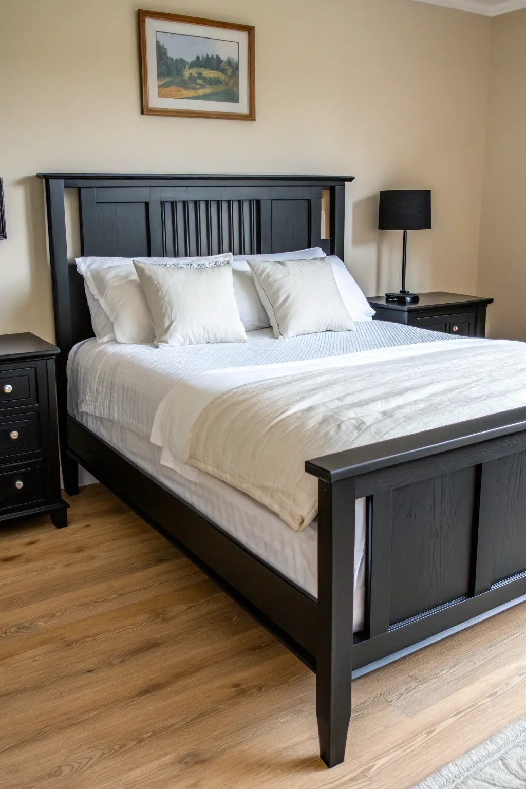 Black satin painted bed with crisp white linens, minimalist styling, and dramatic contrast.