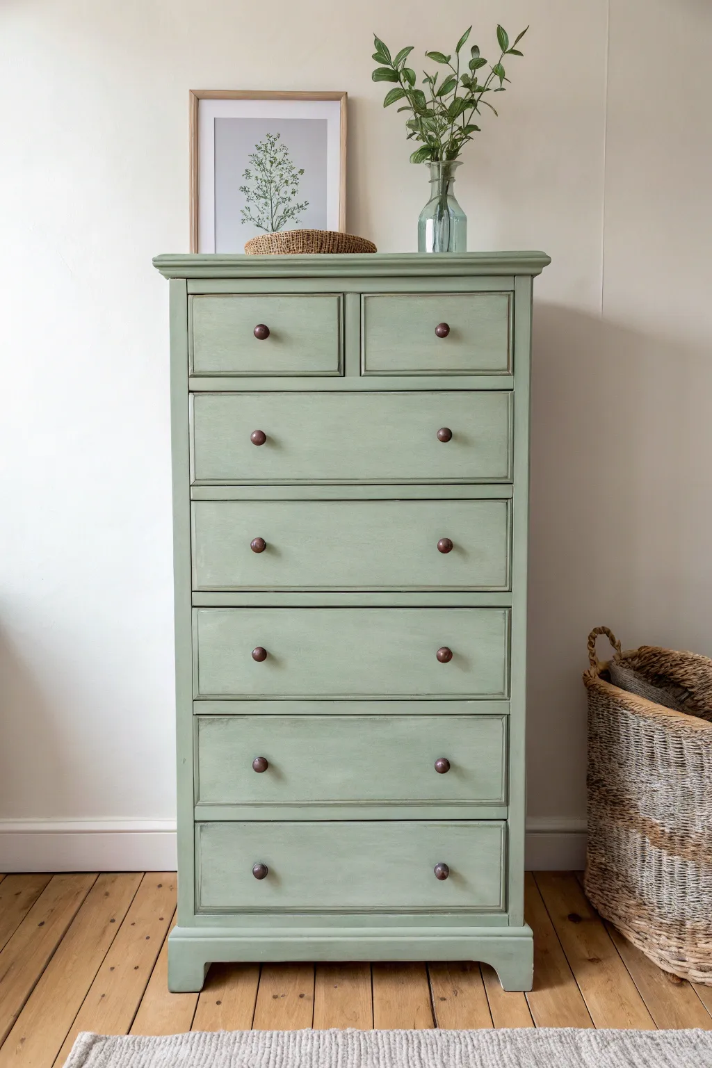 Dusty sage chest of drawers brings calm, nature inspired style to a minimalist bedroom.