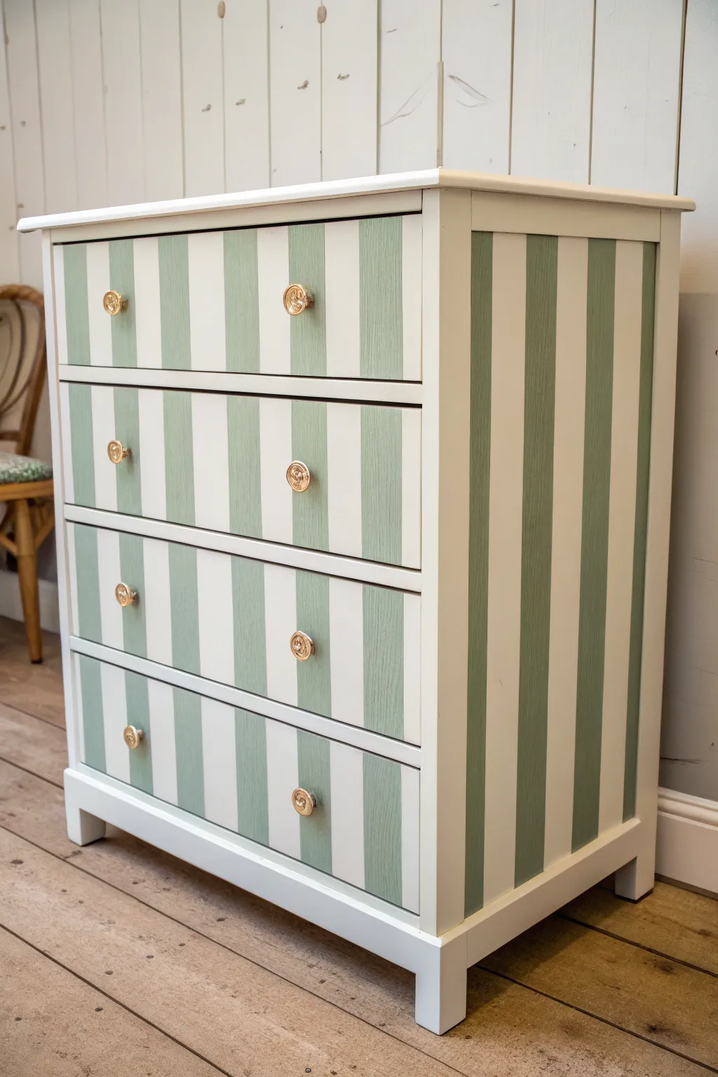 Vertical stripes make this painted chest feel taller, clean, and effortlessly modern.