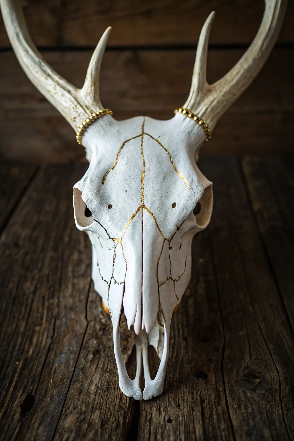 Minimal white deer skull with delicate gold seam accents on a dark, moody backdrop.