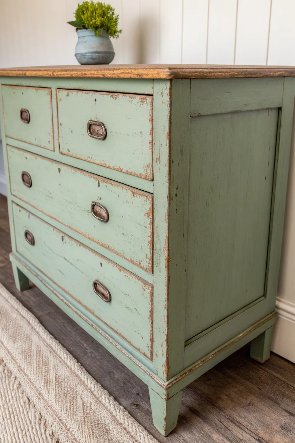 Chippy sage-painted dresser with warm wood peeking through for cozy vintage charm