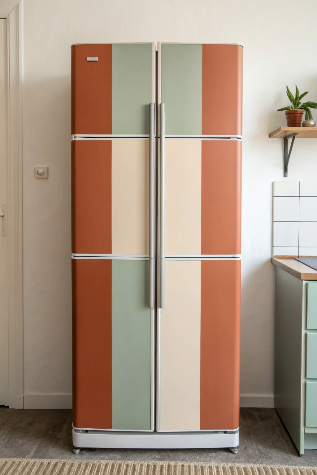 Color-blocked painted fridge with clean geometry for a minimal, boho-inspired kitchen refresh.