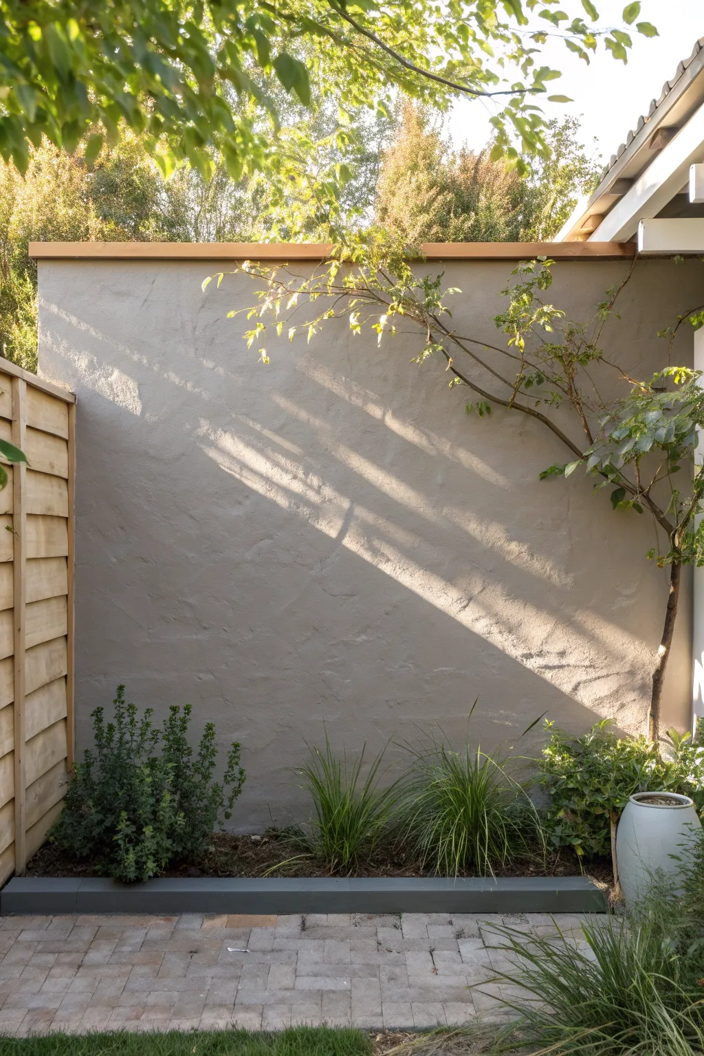 Sunlit warm taupe garden wall close-up, a calm neutral backdrop that makes plants and textures glow