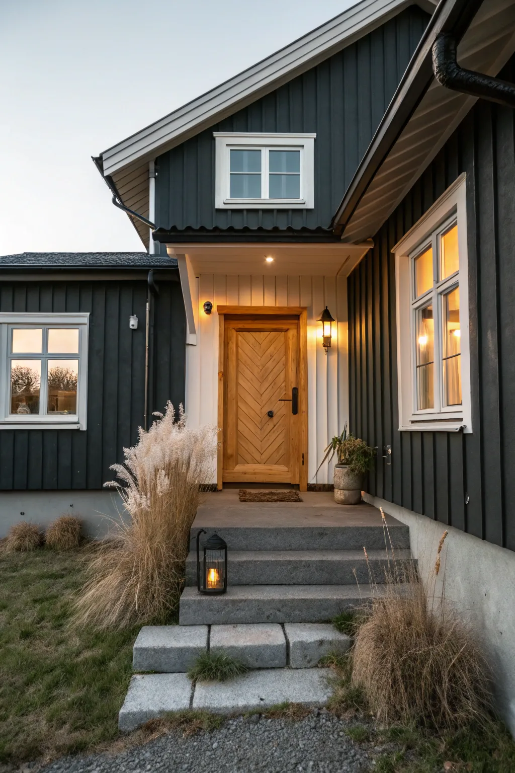 Dark charcoal house with creamy trim and warm porch glow, minimalist yet inviting at golden hour