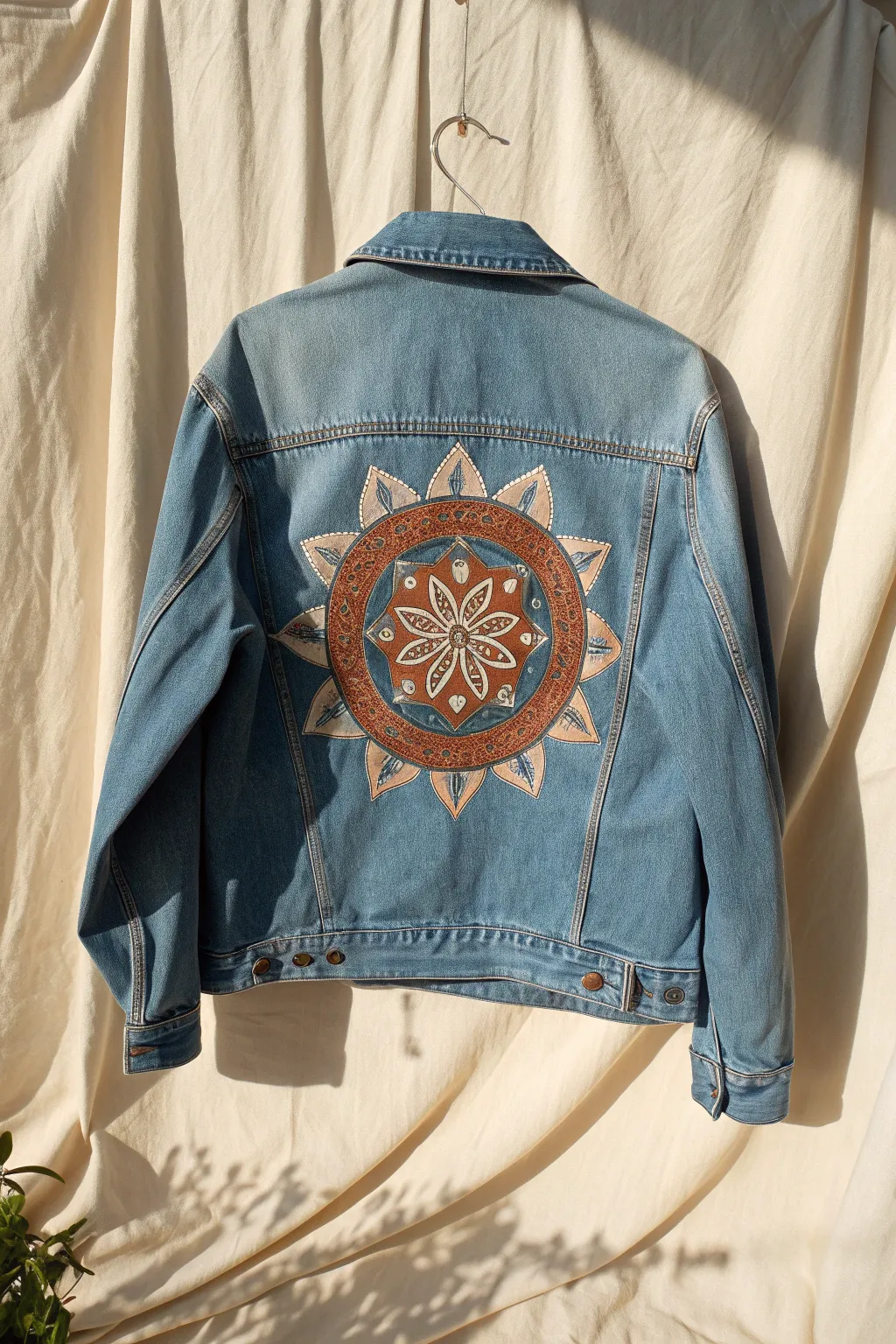Minimalist denim jacket with a bold mandala medallion centered on the back panel