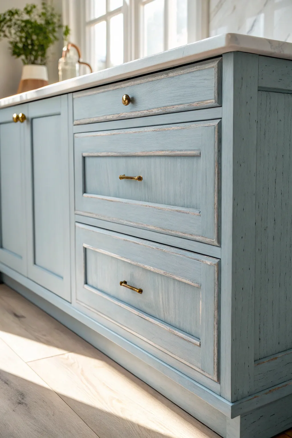 Dusty blue cabinets, bright in daylight, a soft Scandinavian-boho detail for a calm kitchen.
