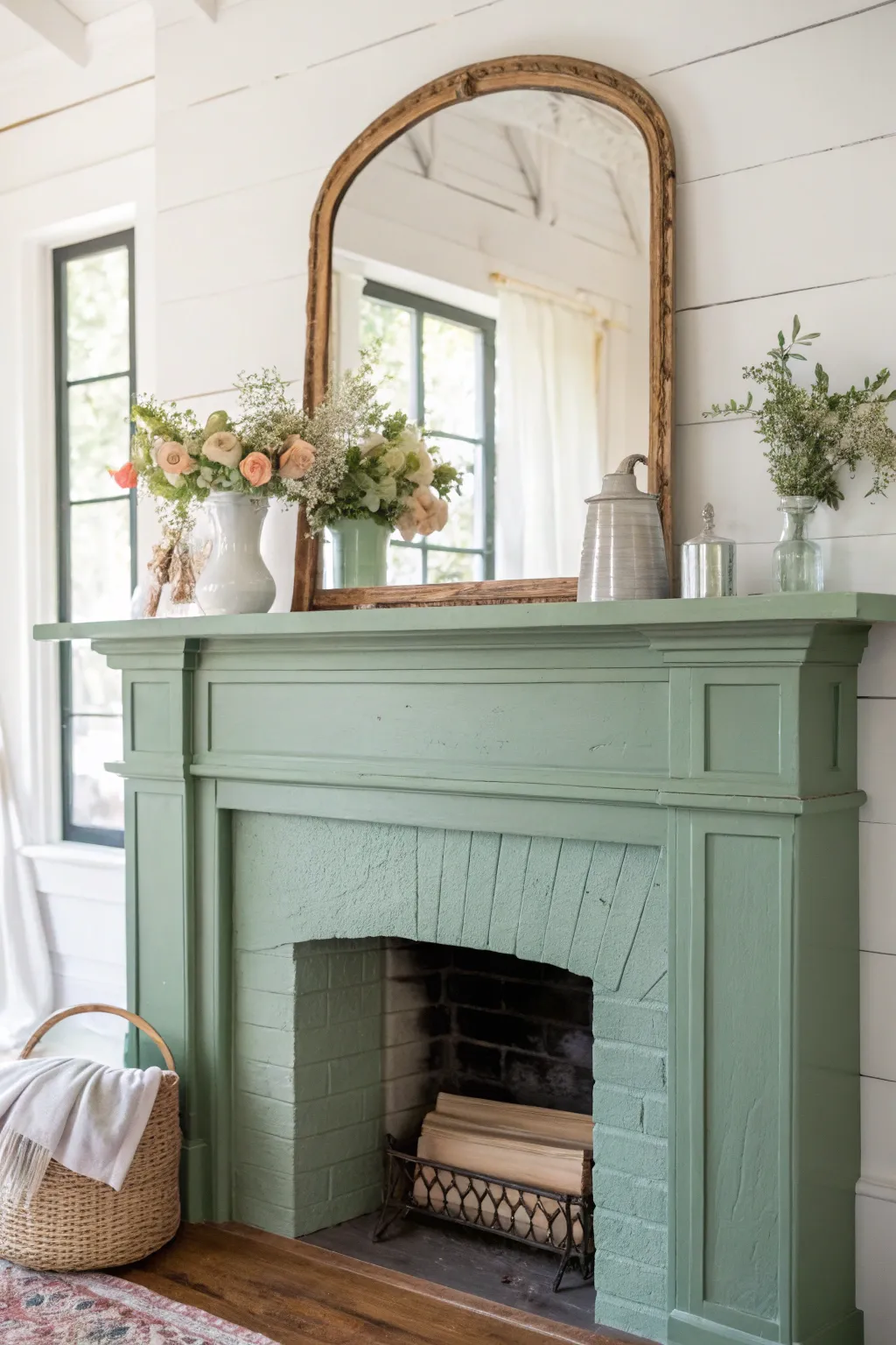 Sage green mantel styling for a calm cottage vibe, airy mirror, pitcher stems, and candle.