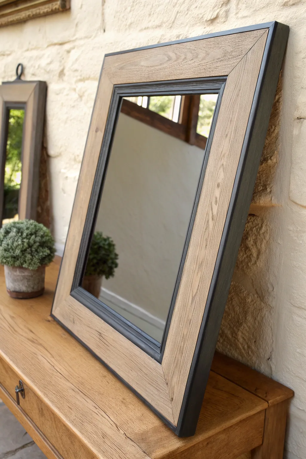 Simple two-tone mirror frame: greige outer paint with a bold charcoal inner edge for depth