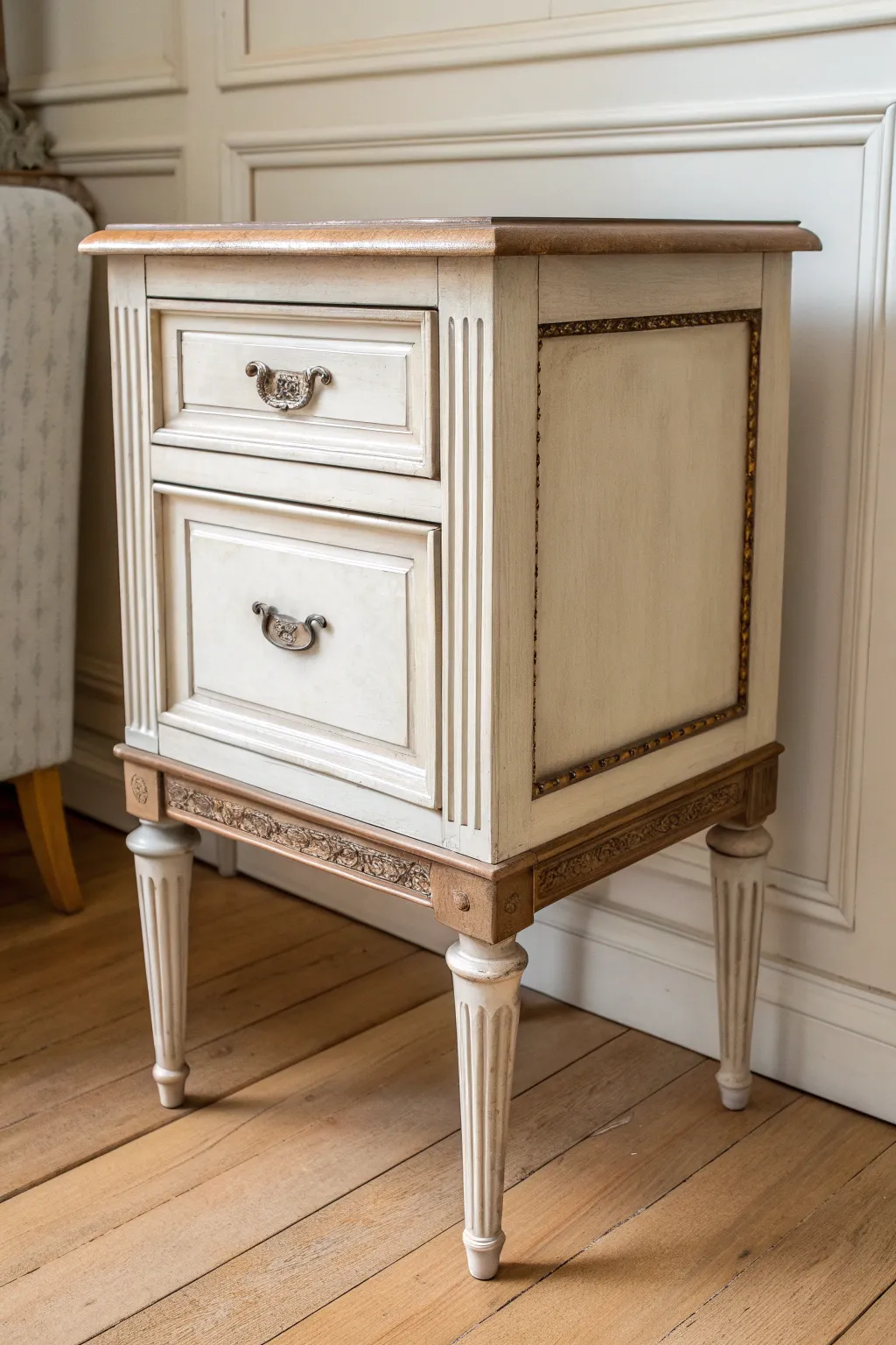 Antique glaze brings soft, aged depth to a painted nightstand with crisp Scandinavian lines.