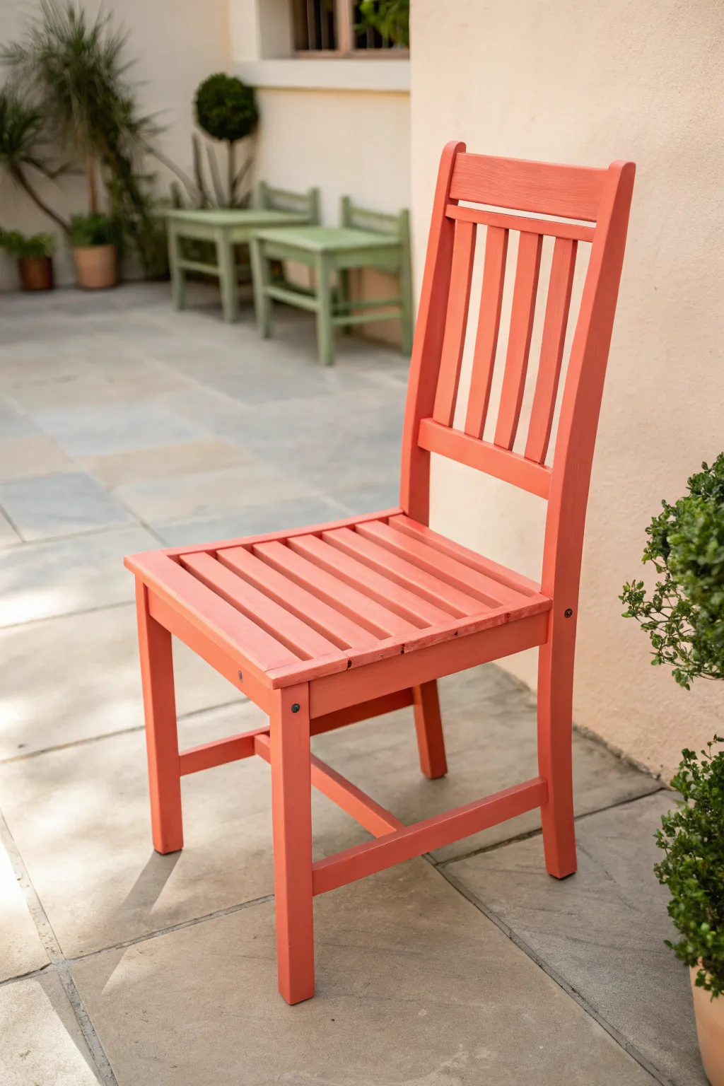 A single coral-painted chair turns a calm patio into a chic outdoor statement piece.