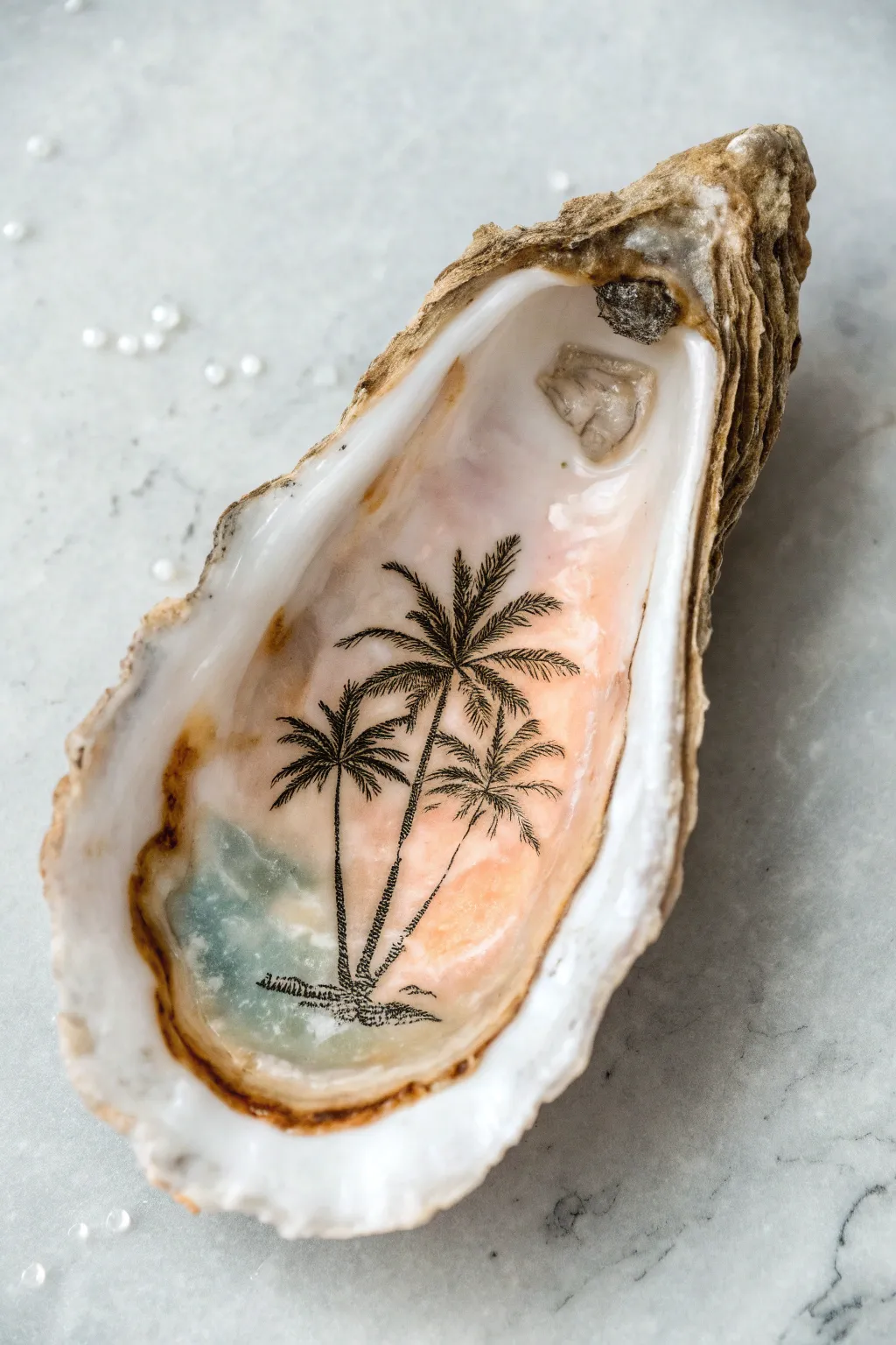 Minimal palm silhouette on a peach-to-teal sunset wash inside a single oyster shell