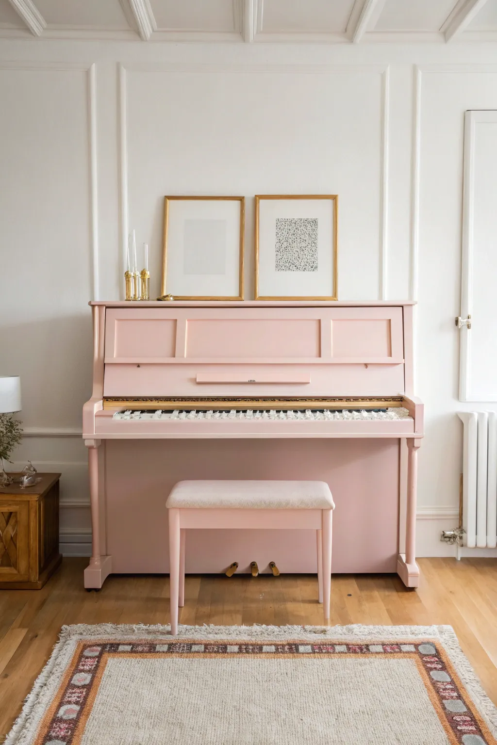 Blush pink upright piano in a clean Scandinavian room for a sweet modern pop