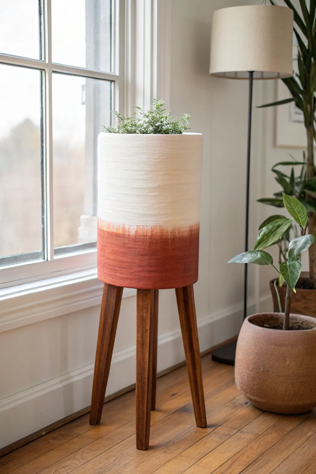Ombre plant stand from airy cream top to rich clay feet, glowing in soft window light