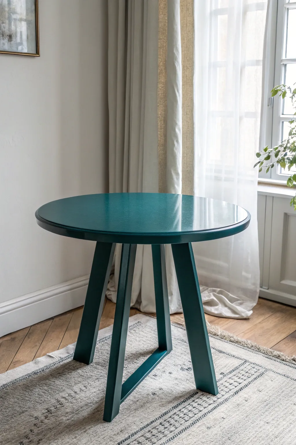 High-gloss painted round table ideas: bold color, window light reflections, minimalist boho room.