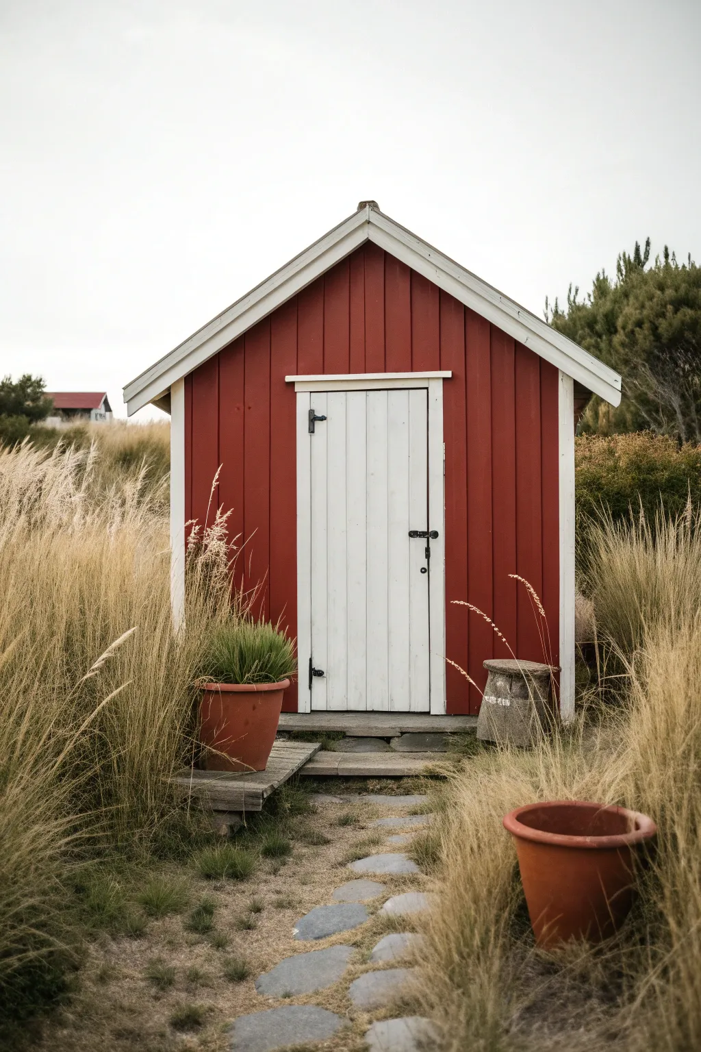 Barn-red shed with simple trim, framed by tall grasses for a timeless, cozy look.