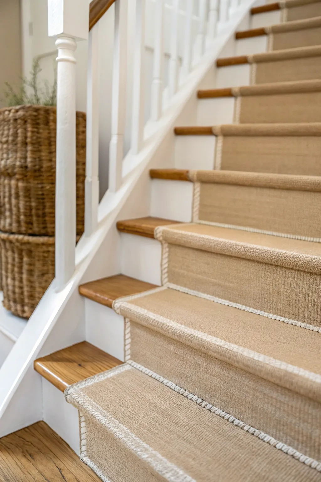 Warm greige stair paint meets a beige wool runner, perfectly matched undertones for calm harmony.