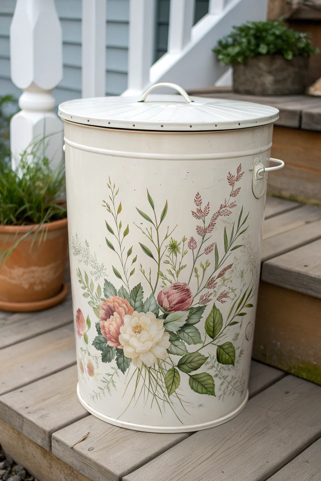 All-over bouquet florals transform a simple trash can into porch-worthy Scandinavian boho decor.