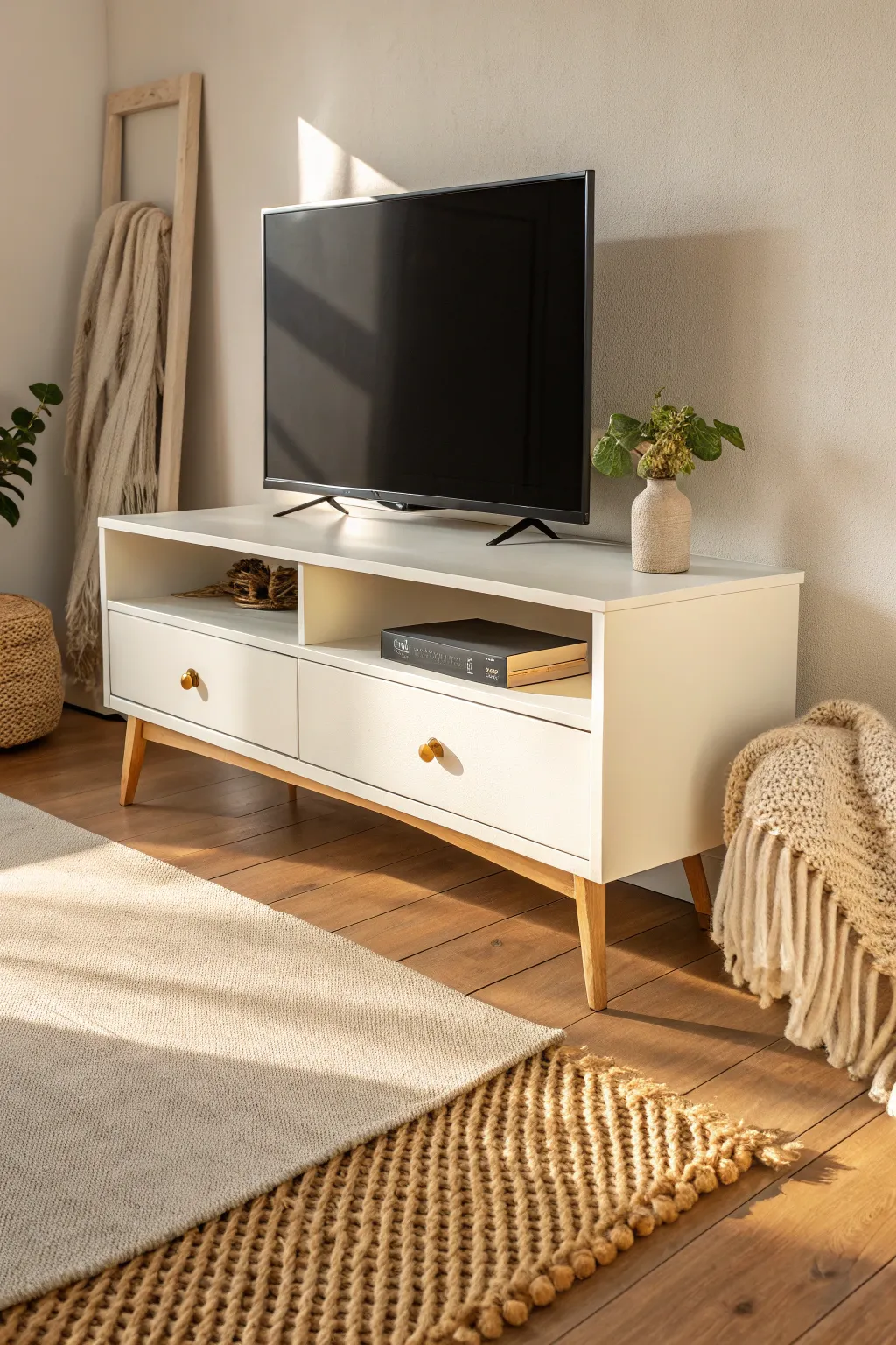 Warm creamy white TV stand glowing in golden-hour light for an instantly cozier room