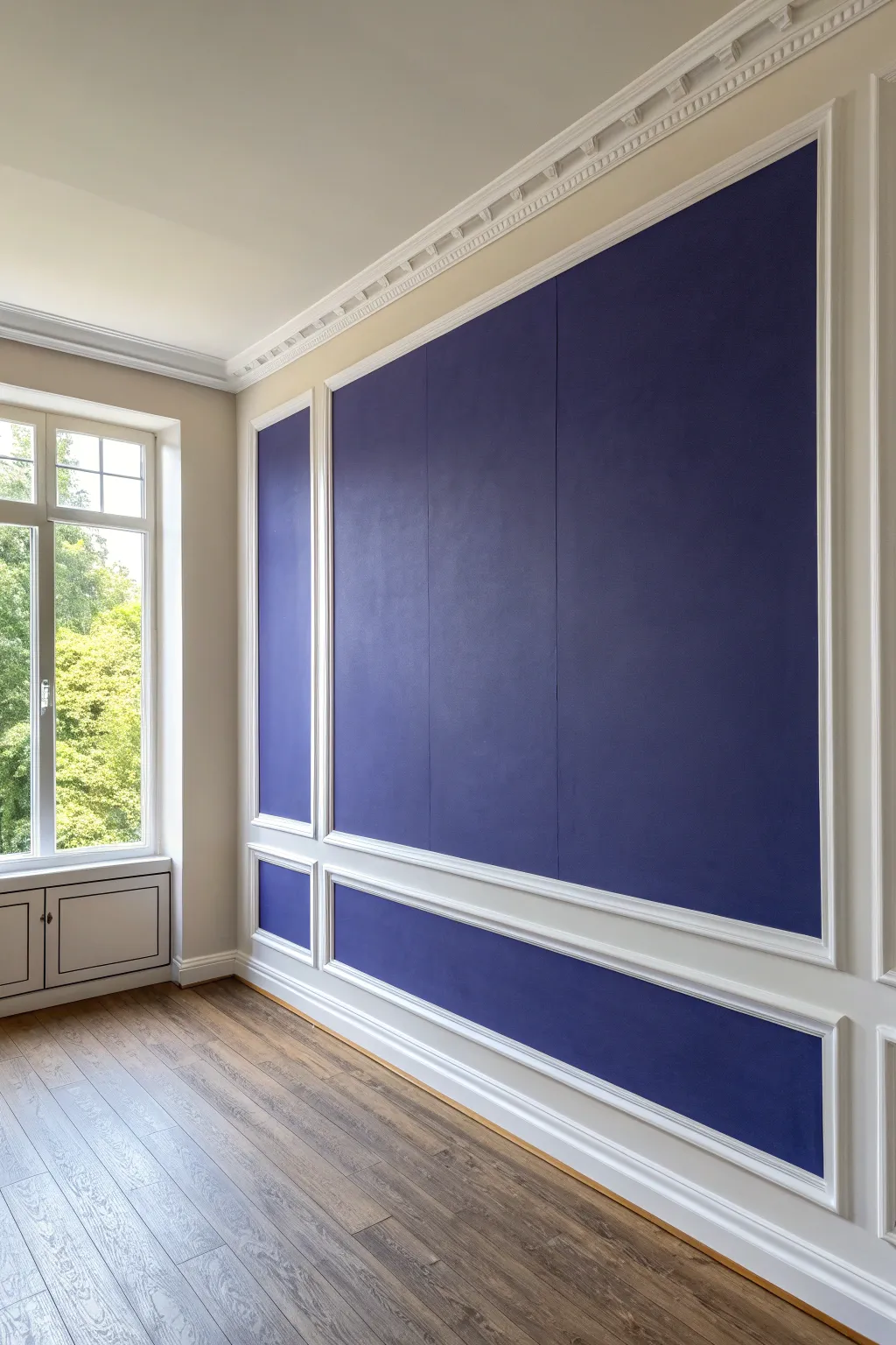 Deep indigo wall panel with a crisp white edge frame, creating a bold yet minimal border idea.