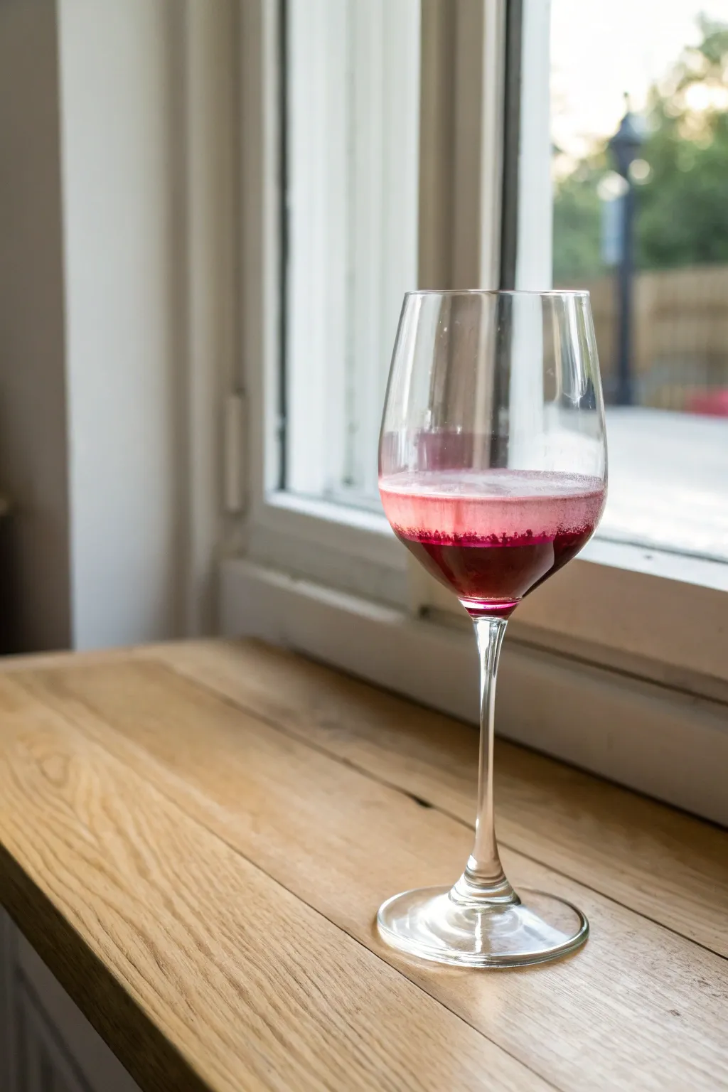 Soft ombre bands on a painted wine glass, glowing in window light for an elegant fade