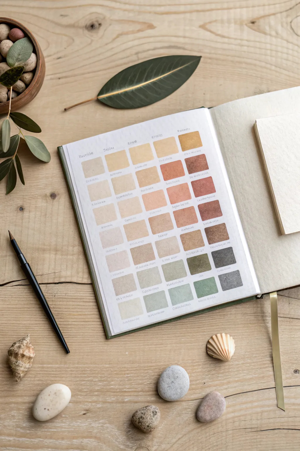 14-day color mixing swatch page with soft gradients and handmade neutral mixes, clean and calming