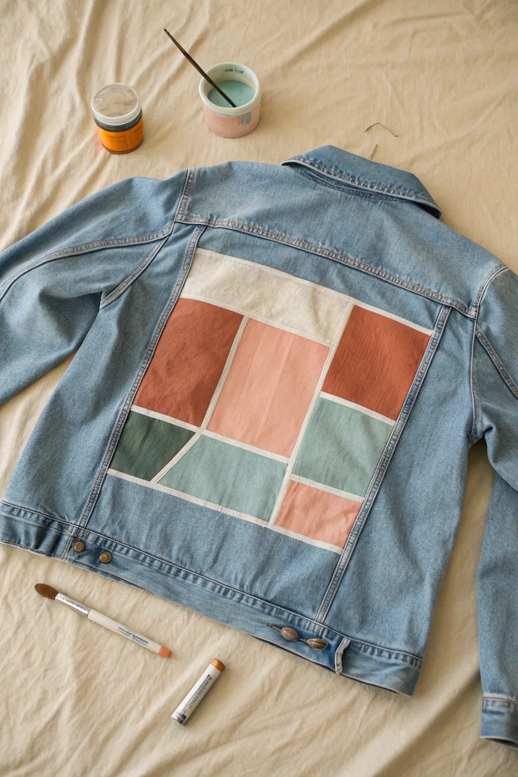 Abstract color-block denim jacket panel with clean tape lines and an in-progress section