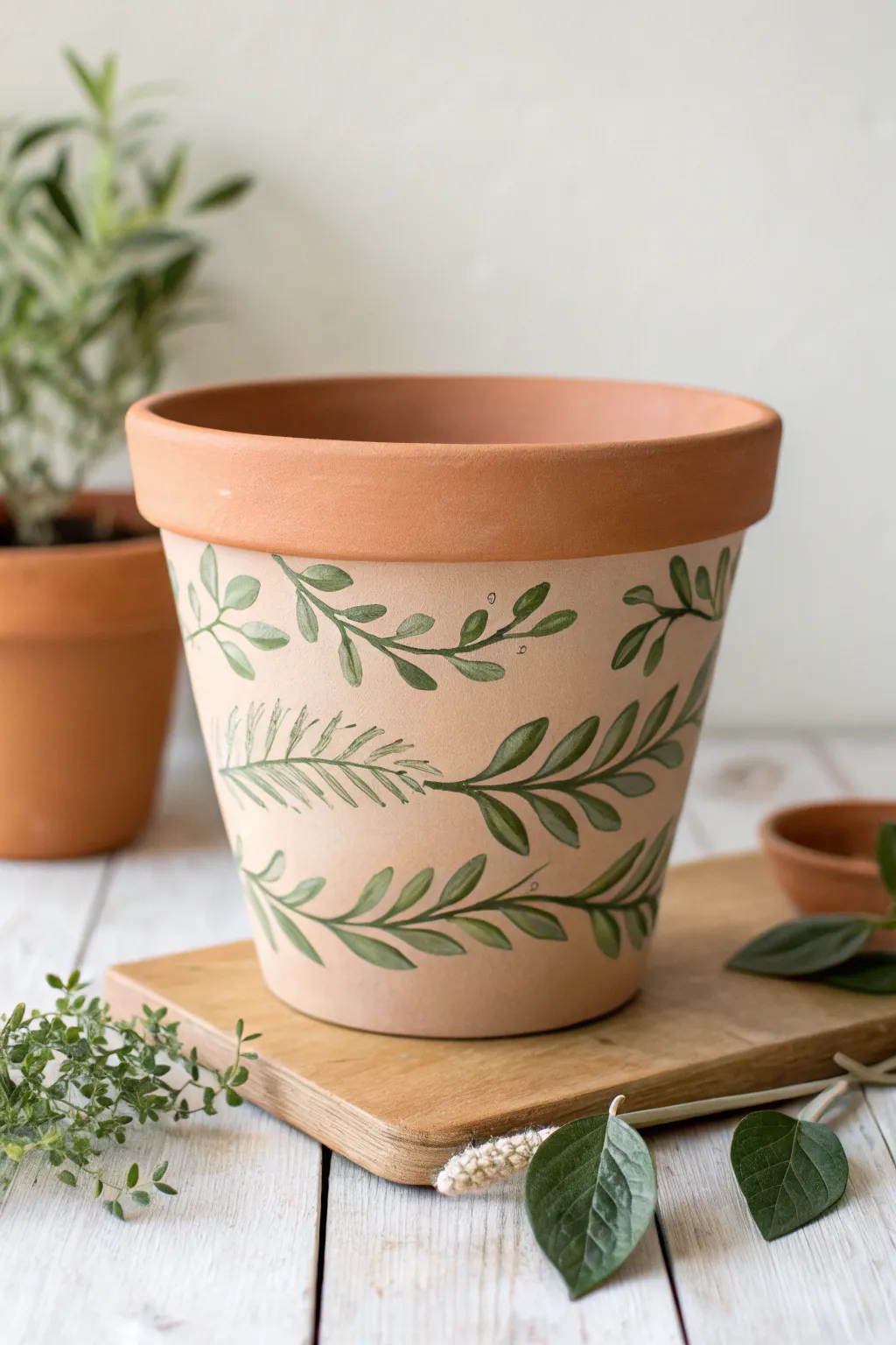 Hand-painted leafy vines wrap a terracotta pot, minimalist Nordic style with a soft boho touch