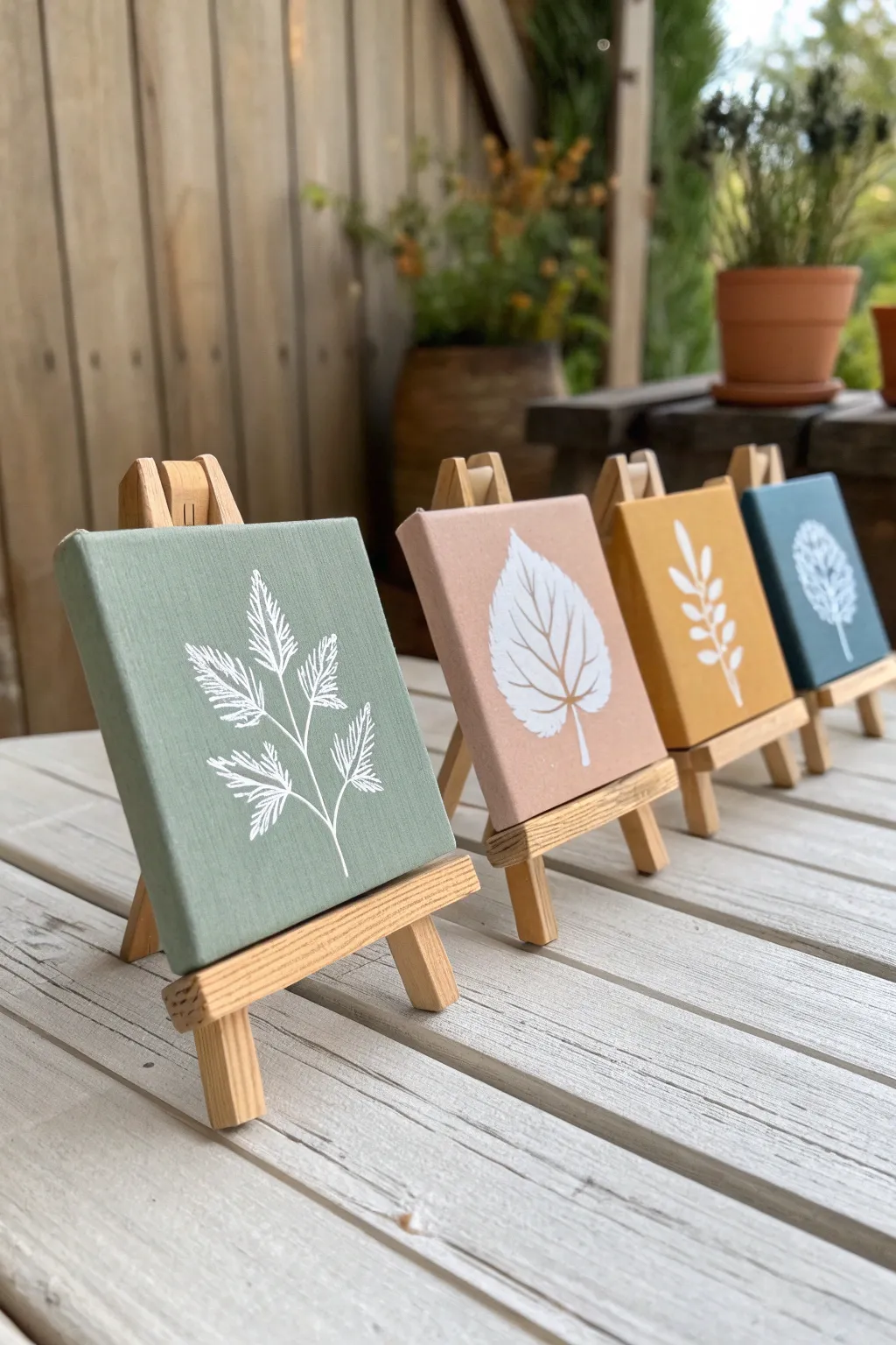 Four tiny seasonal canvases on mini easels, a minimalist boho gift set for art lovers.