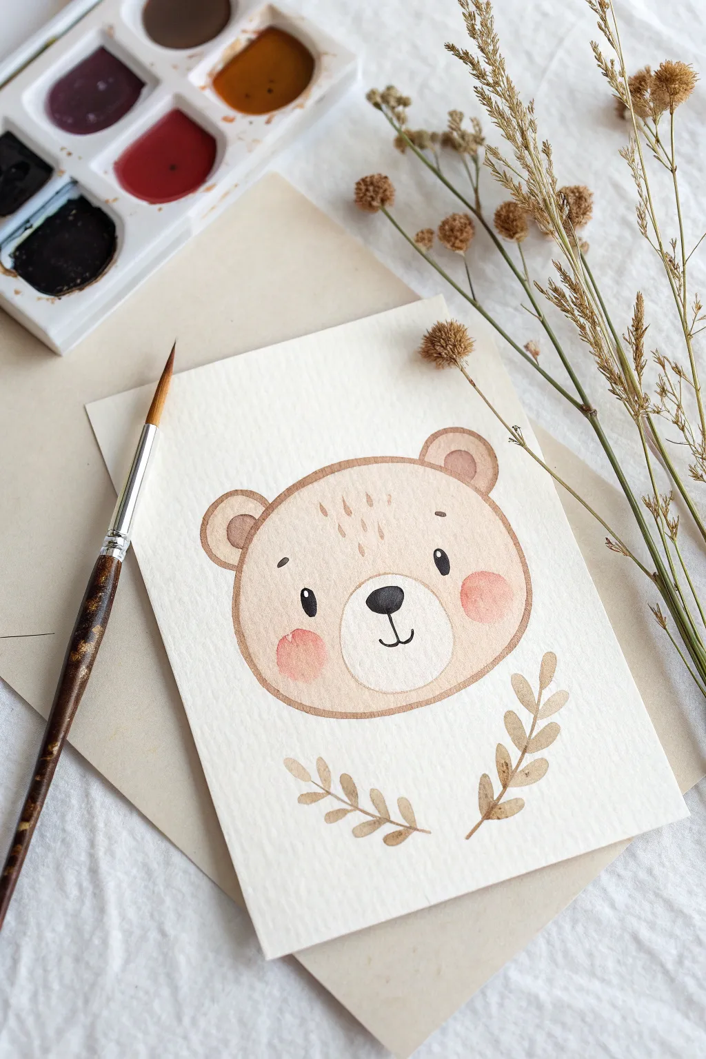 Soft neutral bear face painting idea with a sweet smile, minimal shapes, and cozy contrast