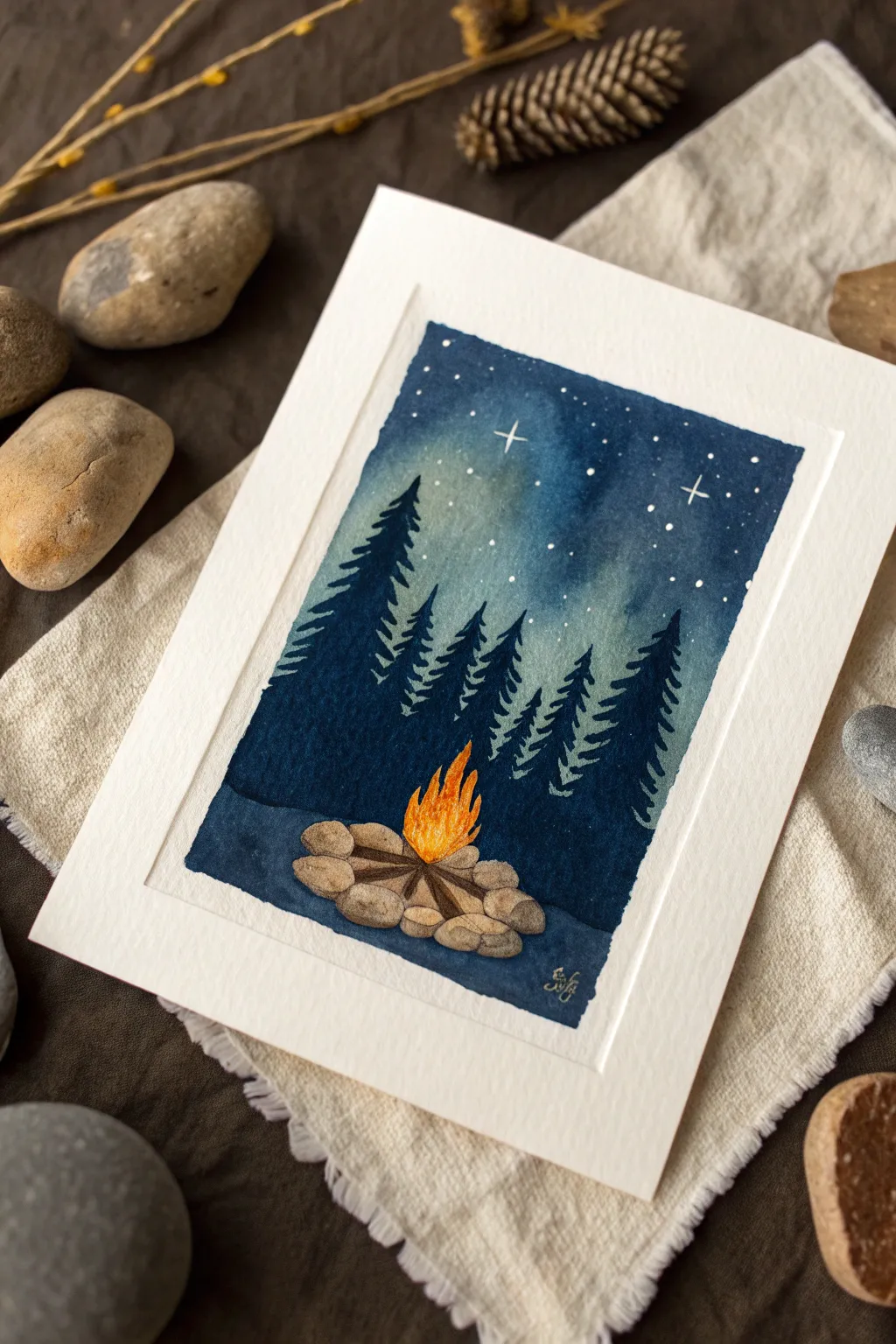Tiny campfire glow against deep night blues, a cozy minimalist scene with warm contrast