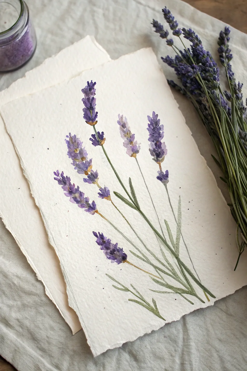 Lavender sprigs built from tiny purple dabs for a calm, minimalist flower painting idea.