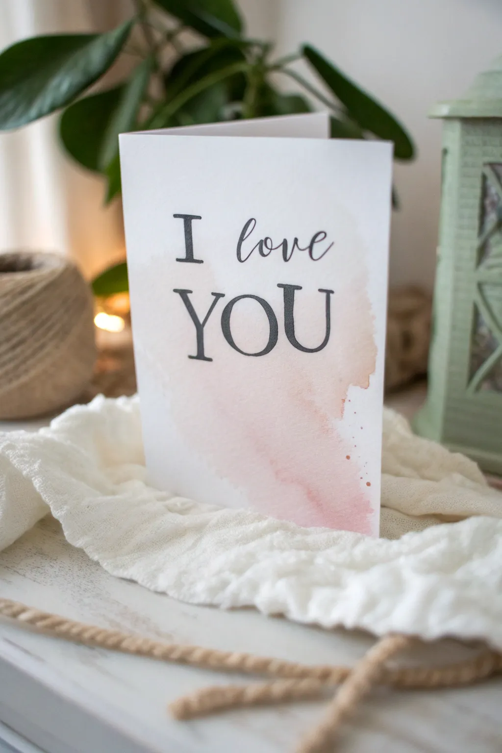 Minimal I love you typography card with a soft watercolor wash border, modern and gift-ready