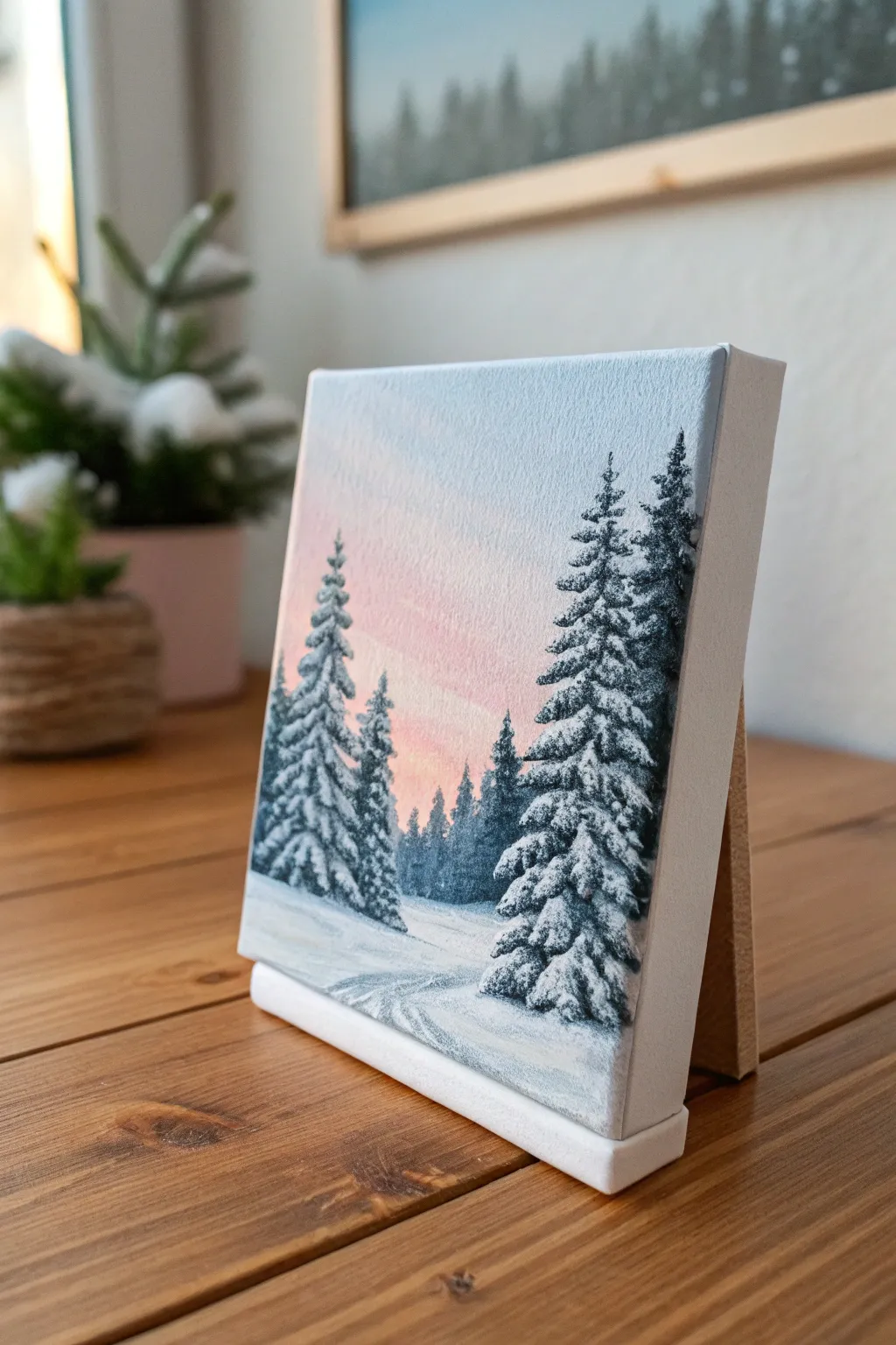 Mini snowy pine painting on a tiny canvas panel, styled with a blank tag for ready-to-gift charm
