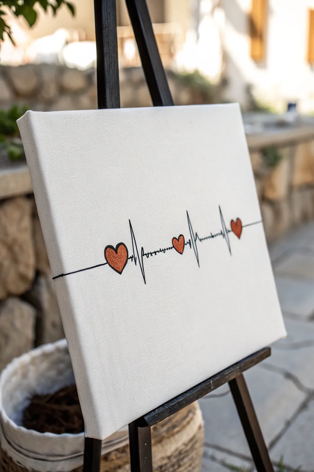 Minimal soundwave line art with tiny hearts, a modern romantic painting idea for your girlfriend