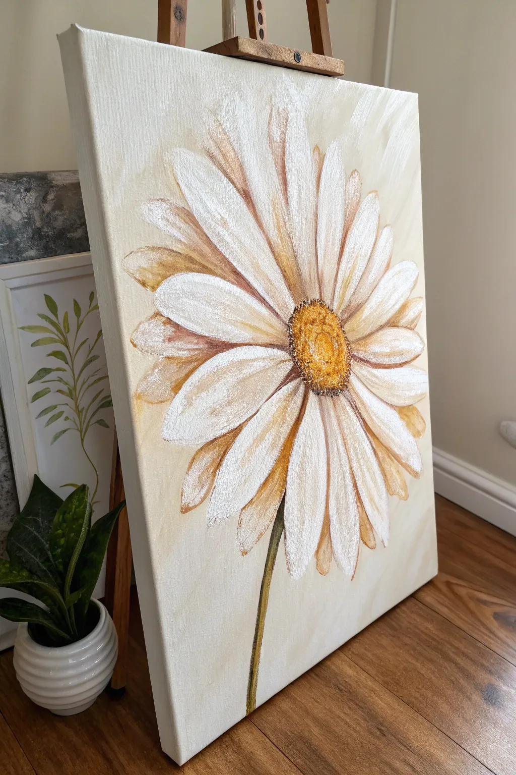 Oversized daisy canvas with loose brushstrokes, perfect minimalist boho teen room decor.
