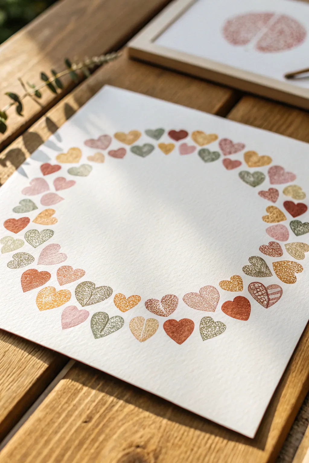 Soft boho fingerprint hearts form a wreath, a simple handmade painting idea for Mom.