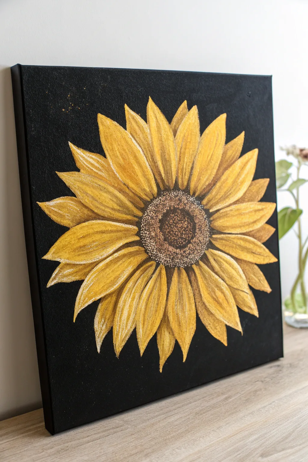 Easy sunflower on black: chunky petals, dotted center, minimalist contrast for beginners.