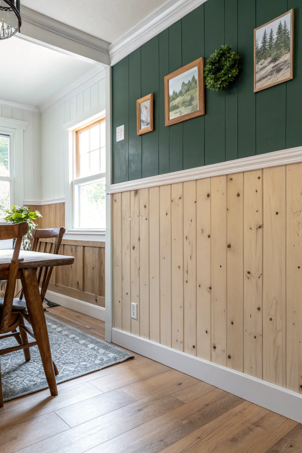Two-tone knotty pine wainscoting with crisp line, dark base and airy top for cozy contrast