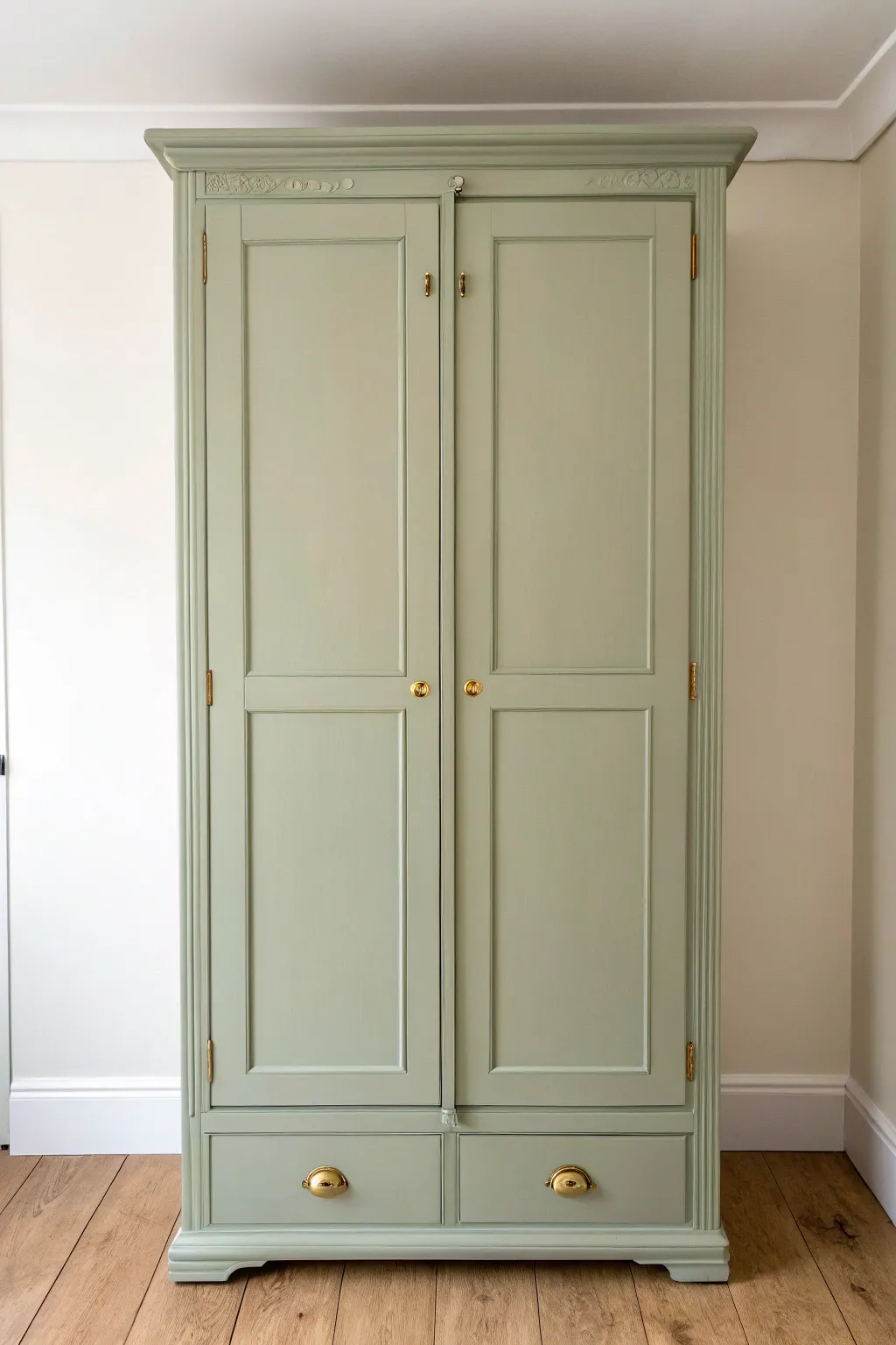 Matte paint and brushed brass knobs give an old wardrobe an easy Scandinavian boho glow-up