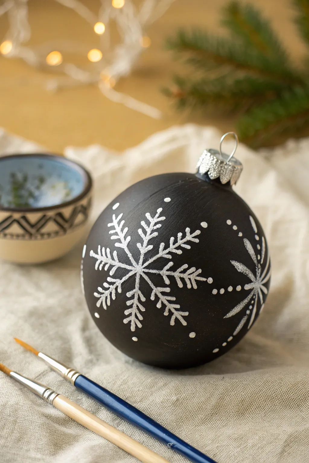 Easy snowflake ornament painting: dots to branches on a dark bauble, clean and cozy