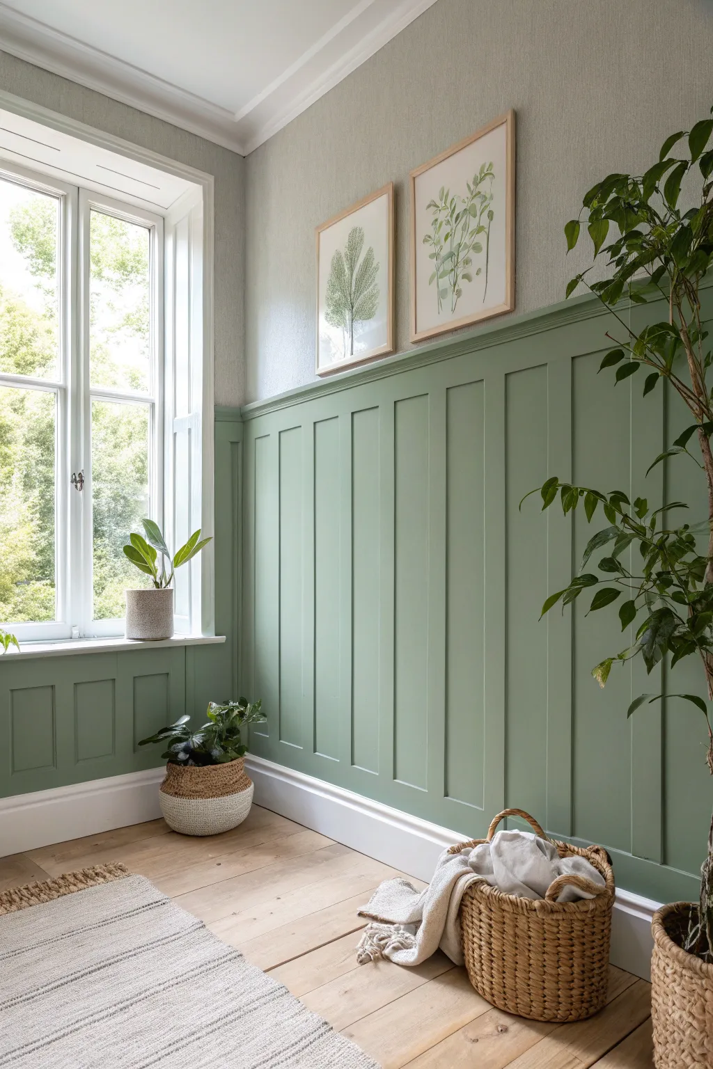 Sage green paneling in crisp grooves, softly framed by lush houseplants in a bright corner