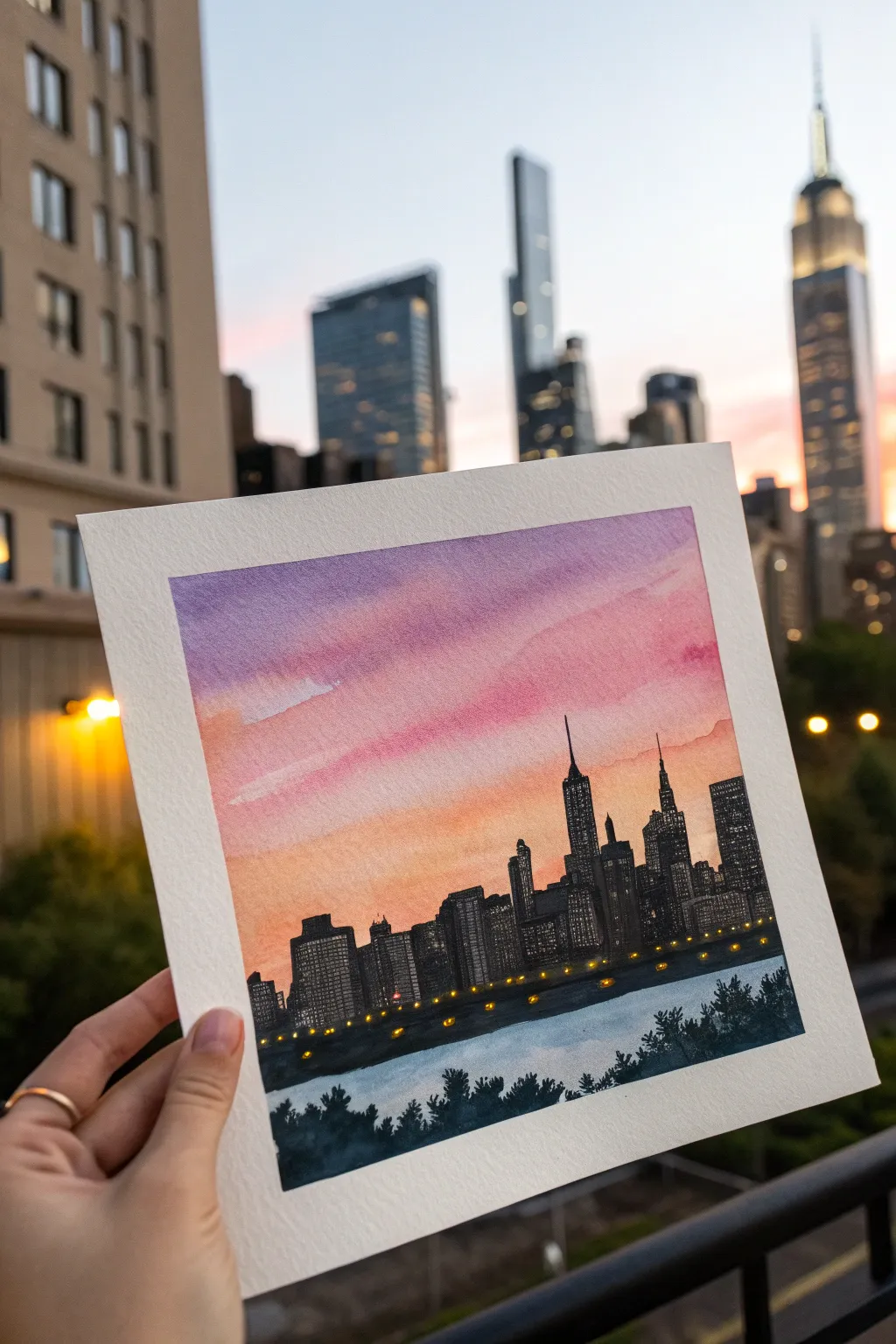 Minimal dusk gradient with bold skyline silhouette, an easy cityscape painting idea to recreate.
